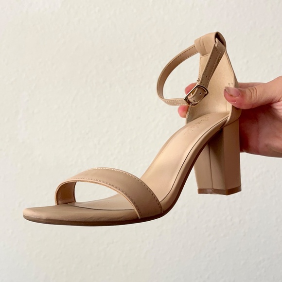 Ankis Nude Nubuck Leather Open Toe Ankle Strap Chunky Heel Sandals 2.75 Inch - Picture 1 of 6